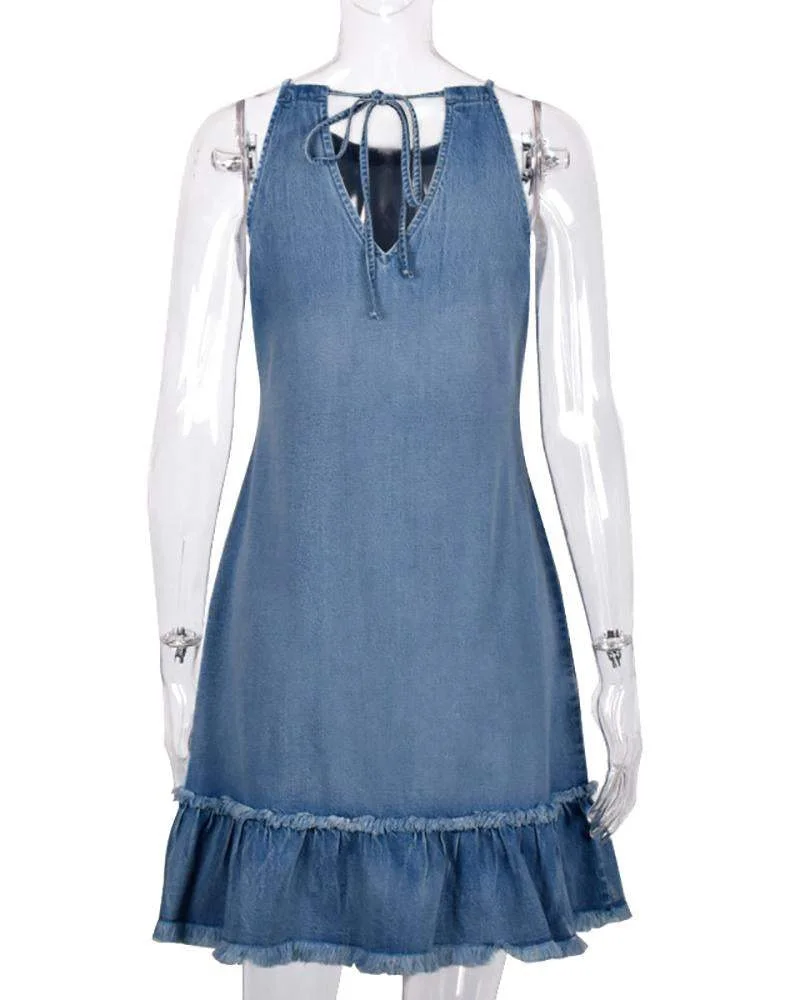 Backless halterneck denim dress