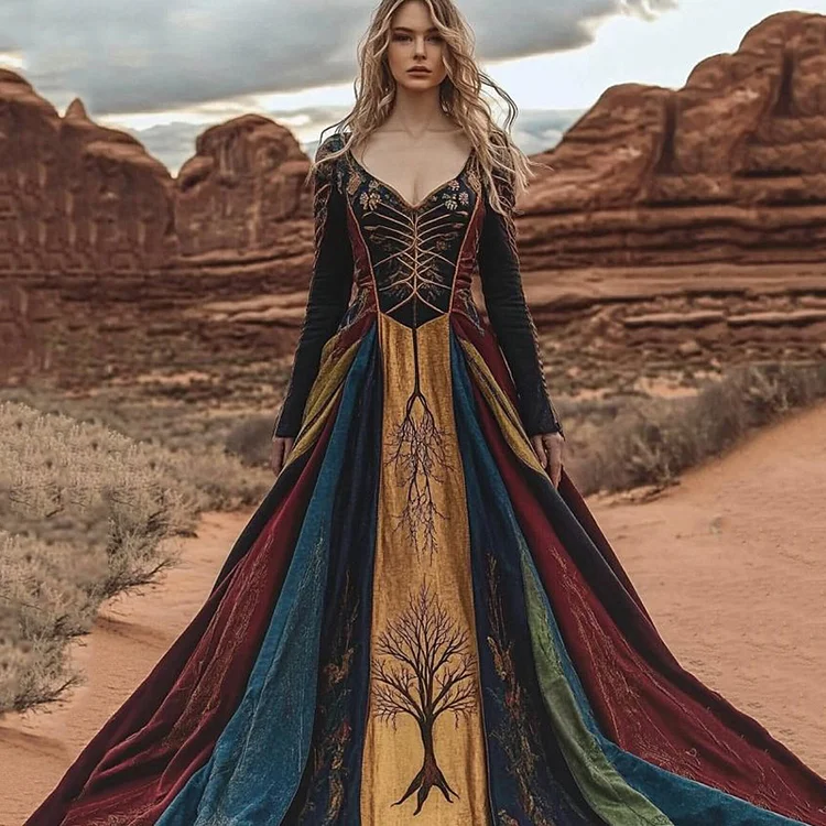 Women's Viking Tree Of Life Colorful Patchwork Art Vintage Linen Dress