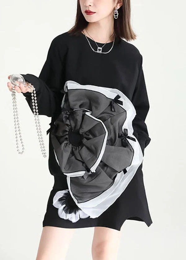 Bohemian Black Asymmetrical Patchwork Tulle Applique Cotton Sweatshirts Dress