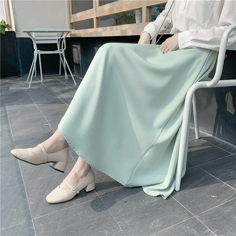 2021 Women's Korean Style Office Lady Skirts Spring Fall Casual Solid High Waist A-Line Satin Femme Skirts