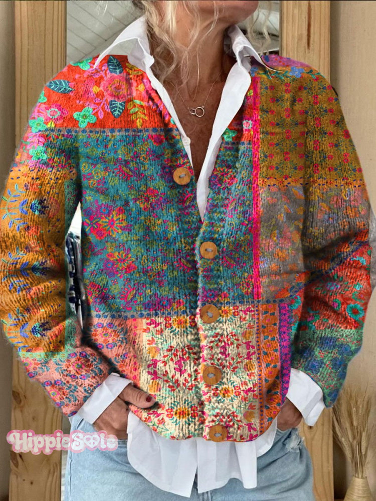 Vintage Floral Patchwork Art Print Casual Cozy Long Sleeve Sweater Multicolor / S