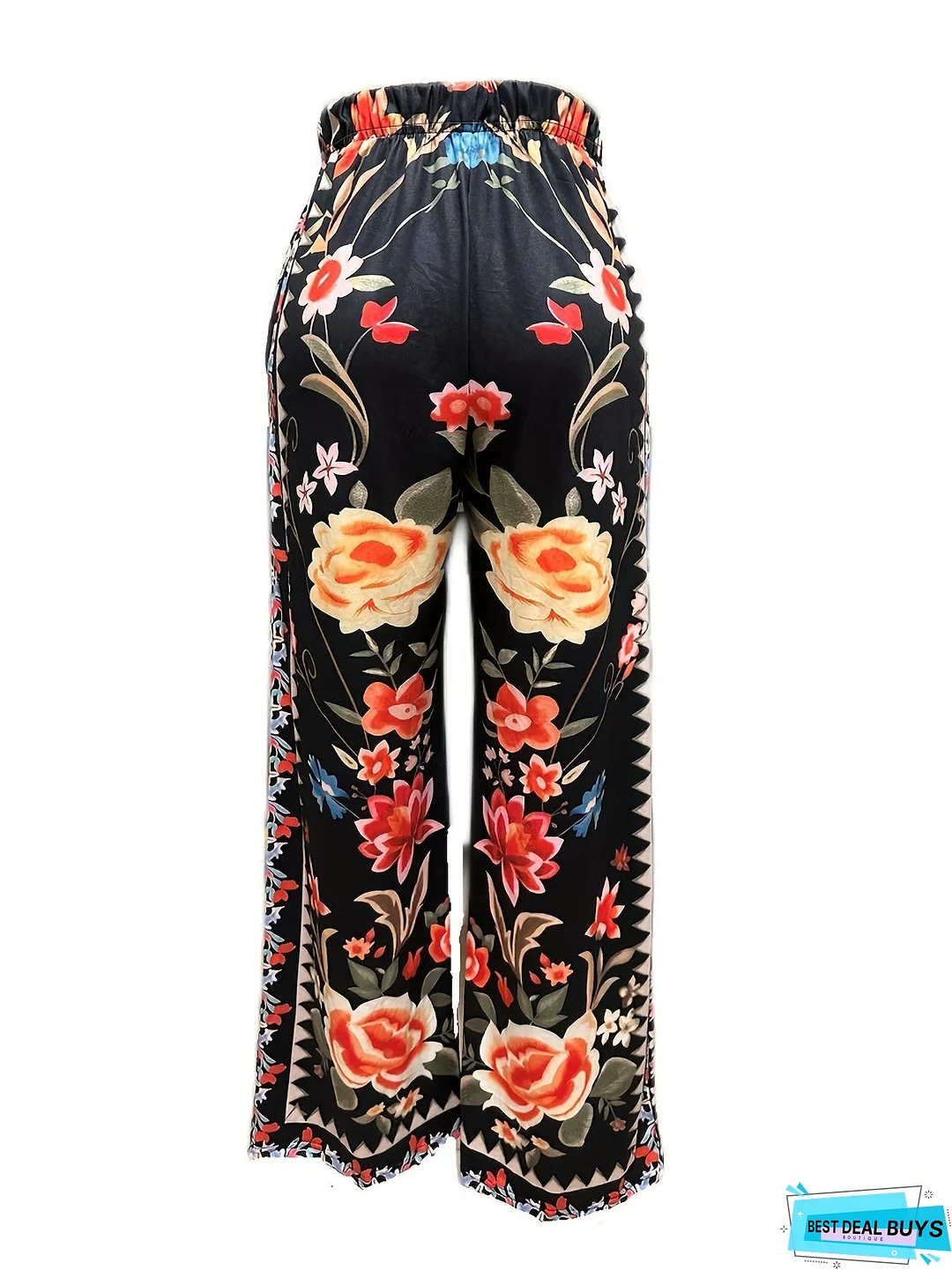 Peacock Print Wide Leg Pants, Retro Drawstring Long Length Palazzo Pants, Women's Clothing