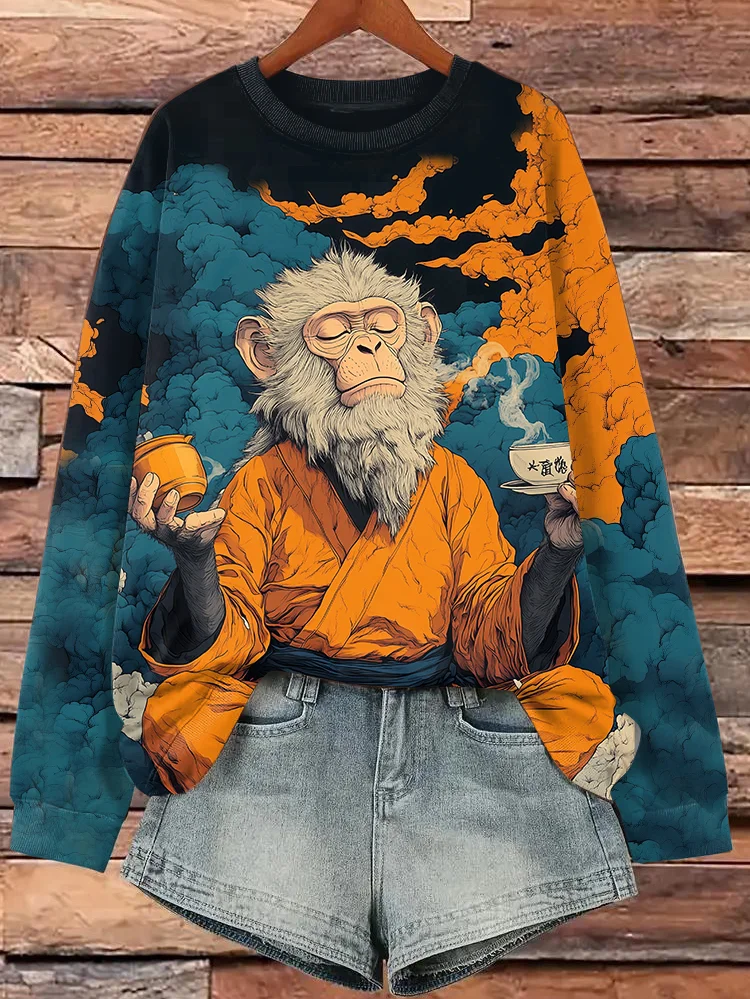 Women's Cloud Monkey Drinking Tea In A Taoist Robe Art Print Sweatshirt