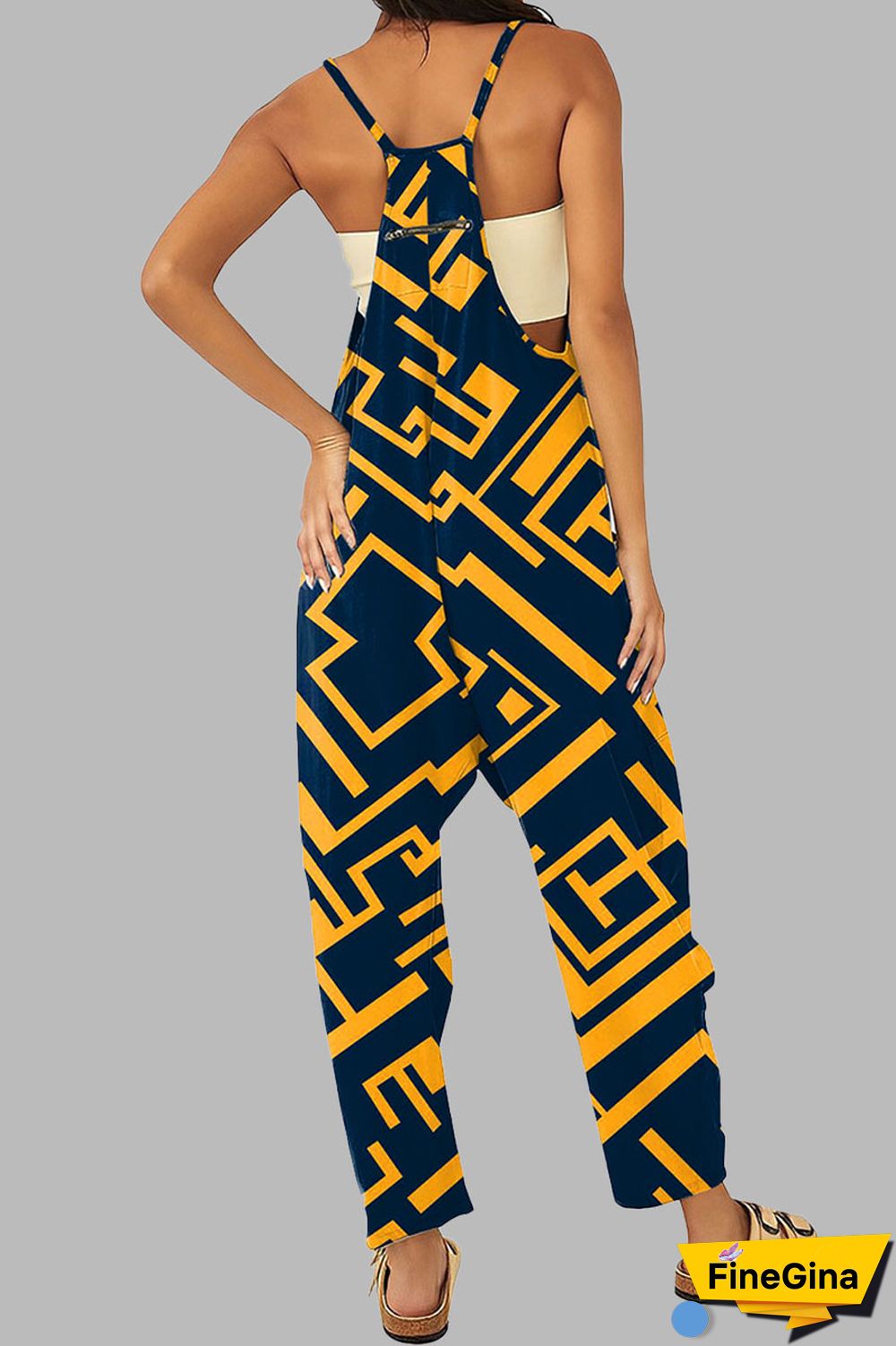 Black khaki Casual Gradual Change Print Patchwork Pocket Zipper Spaghetti Strap Loose Jumpsuits