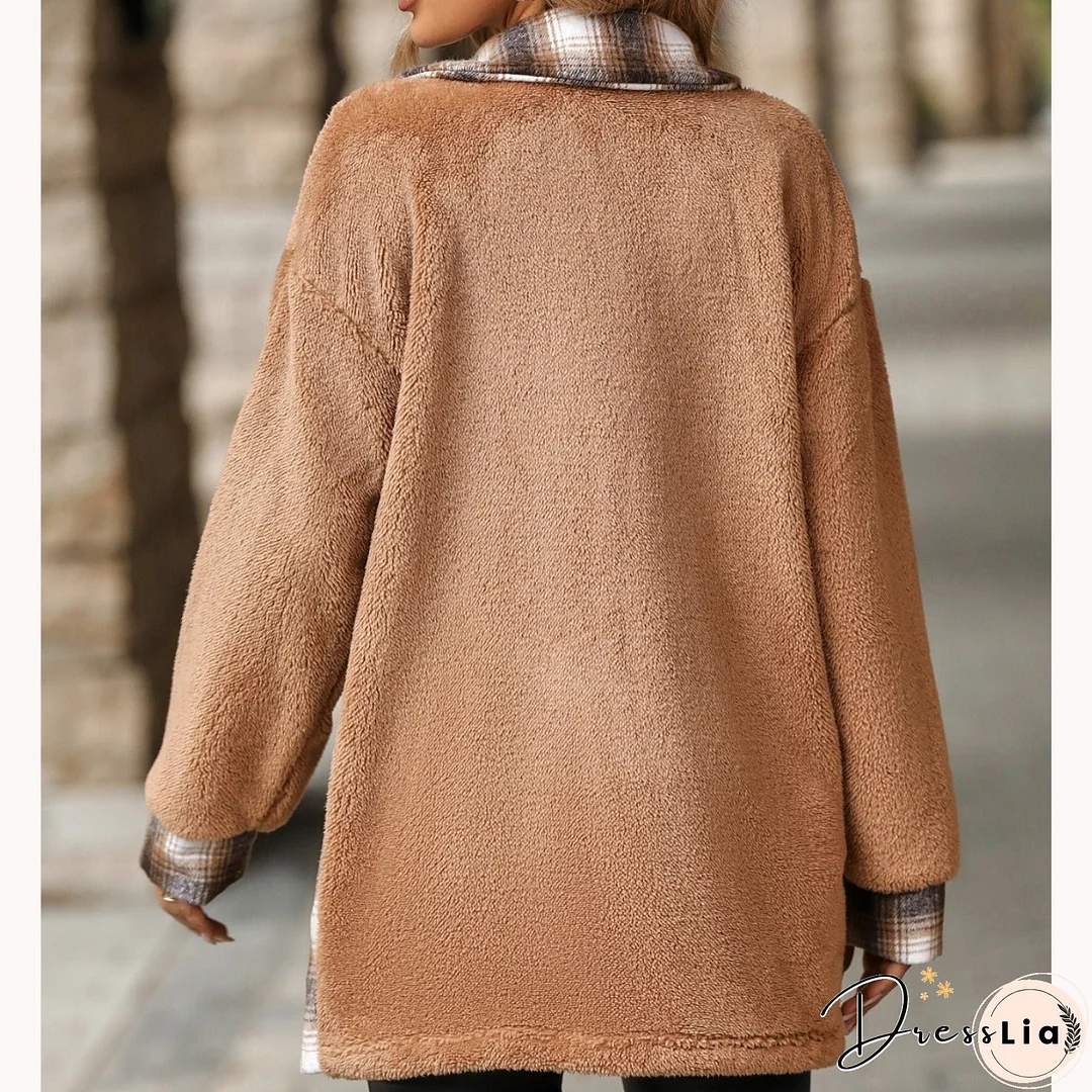Women's Single-breasted Lapel Mid-length Plaid Plush Coats