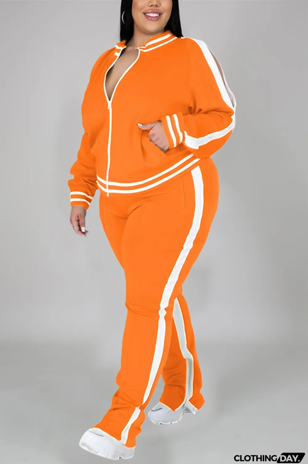 Black Fashion Casual Sportswear Zipper Collar Long Sleeve Regular Sleeve Patchwork Plus Size Set