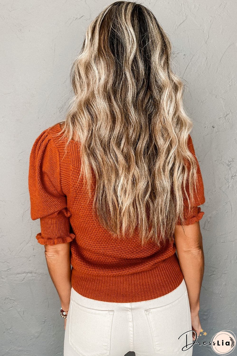 Golden Textured Knit Puff Sleeve Square Neck Sweater