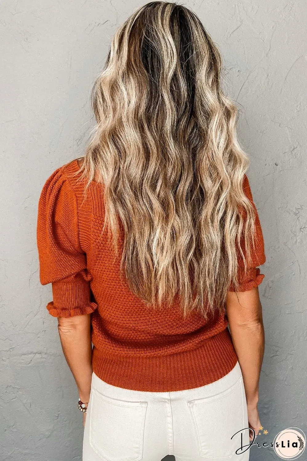 Golden Textured Knit Puff Sleeve Square Neck Sweater