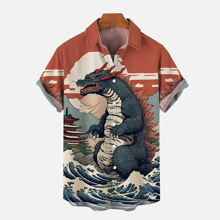 Vintage Monster Godzilla & Waves Printing Short Sleeve Shirt