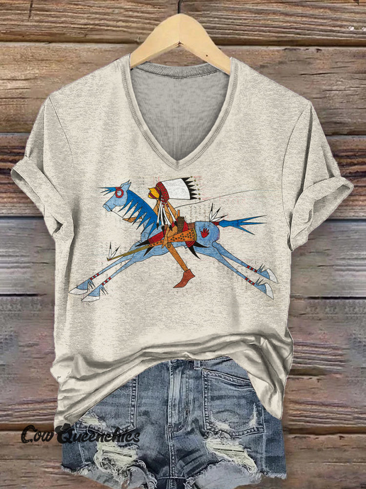 Women&rsquo;s Vintage Horse Art Print V-neck Casual T-Shirt Multicolor / S