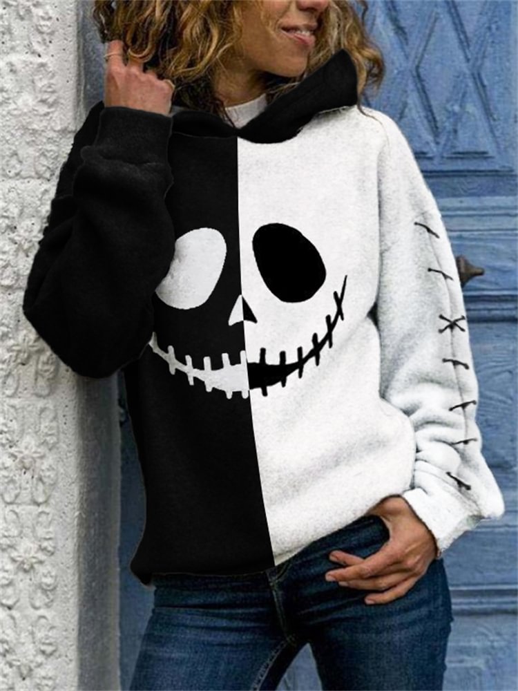 Halloween Spooky Face Contrast Color Hoodie