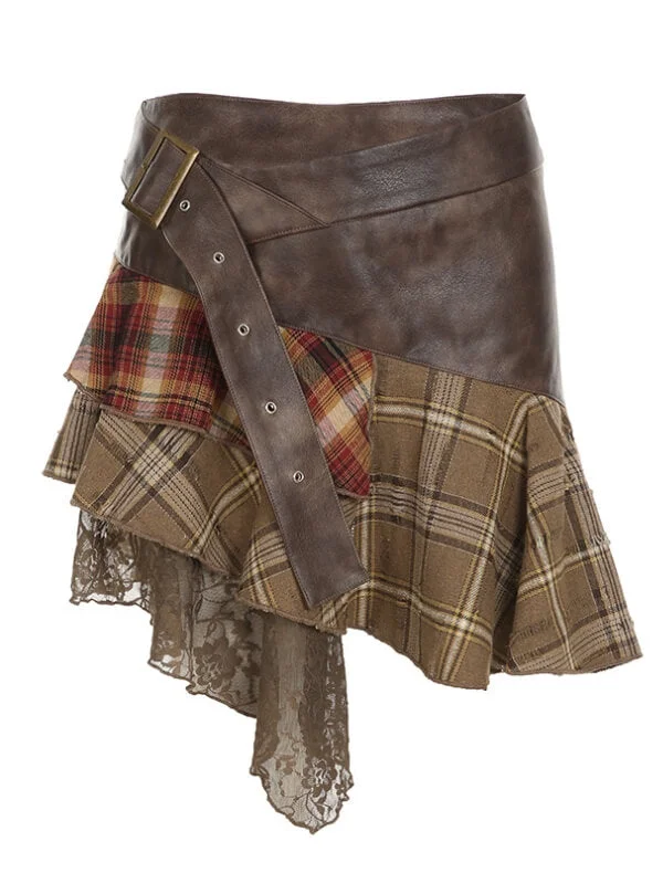 Wasteland Plaid Lace Patchwork Asymmetric Skirt