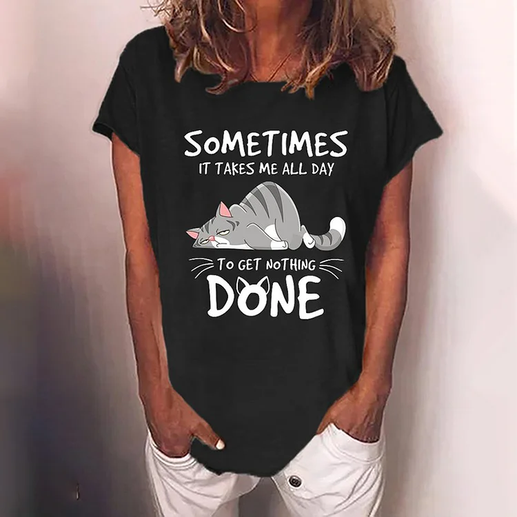 Cat Print Crew Neck Short Sleeve Casual T-Shirt