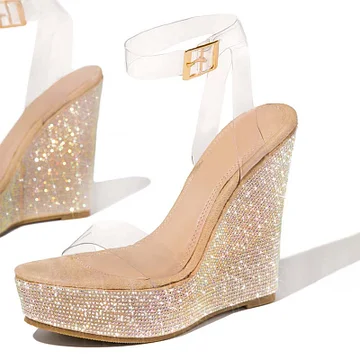 transparent Rhinestone Bow Sandals Square Toe Shoes Metal Ankle Strap  Flats