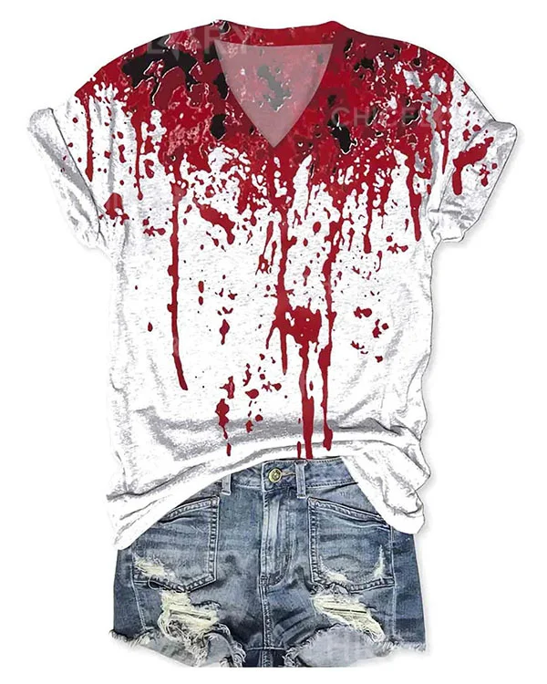 Women Halloween Humor Funny Bloodstained Print V-Neck Short Sleeve T-Shirt