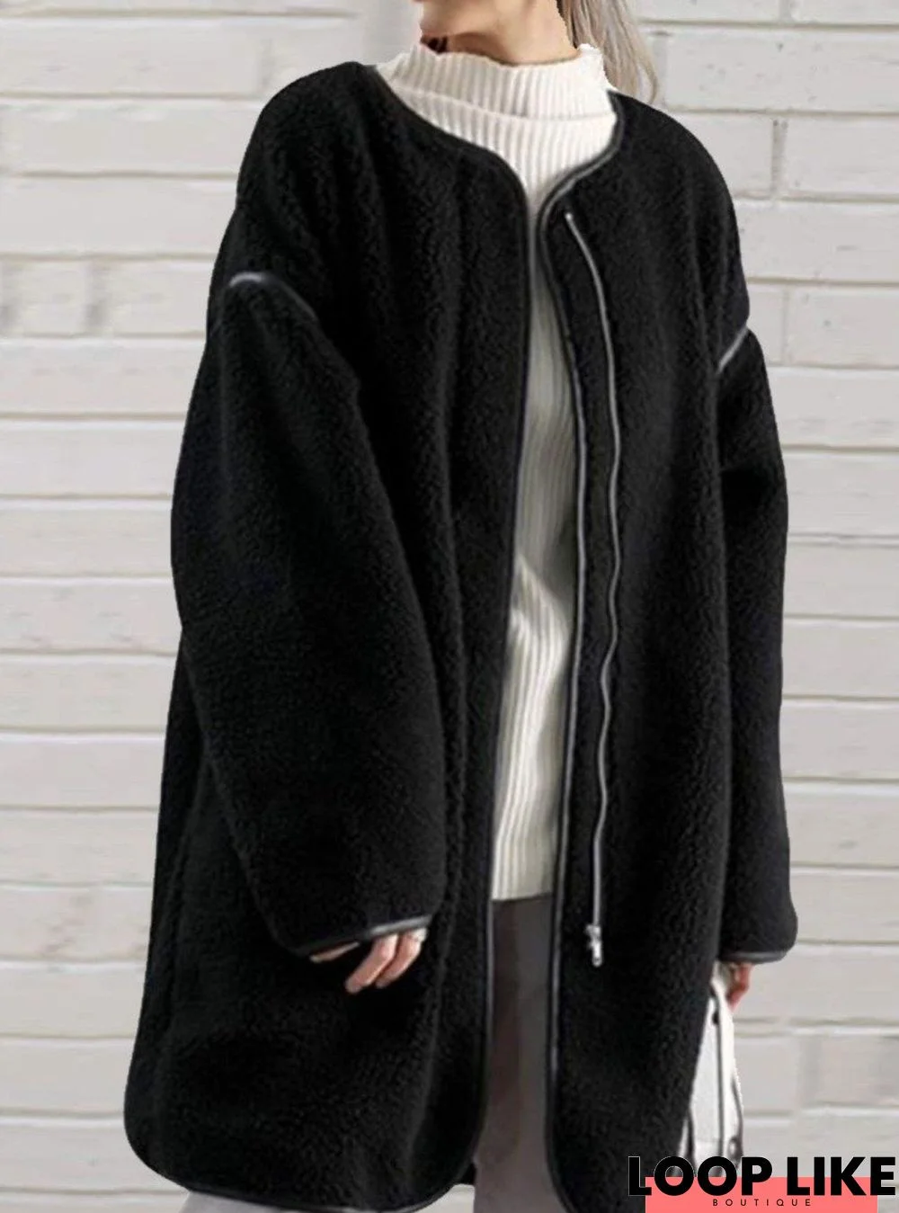 Loose Solid Color Stitching Long-Sleeved Round Neck Zipper Coat