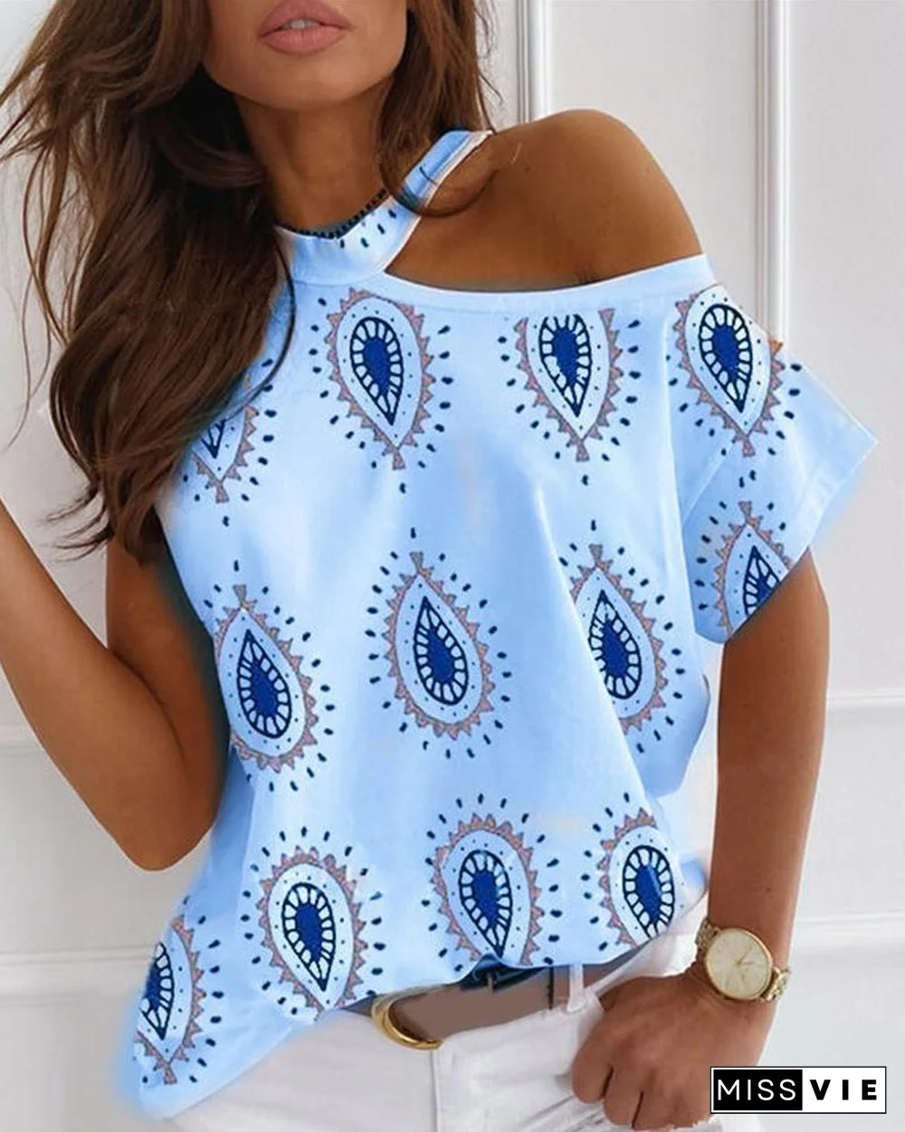 Paisley Print Cold Shoulder Casual T-shirt P13842