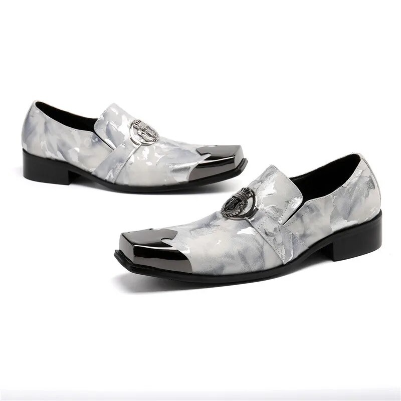 VCSHOES Men Shoes Square Toe Genuine Leather Shoes Male Formal Gray Wedding Dress Shoes With Crown Badge Business Oxfords