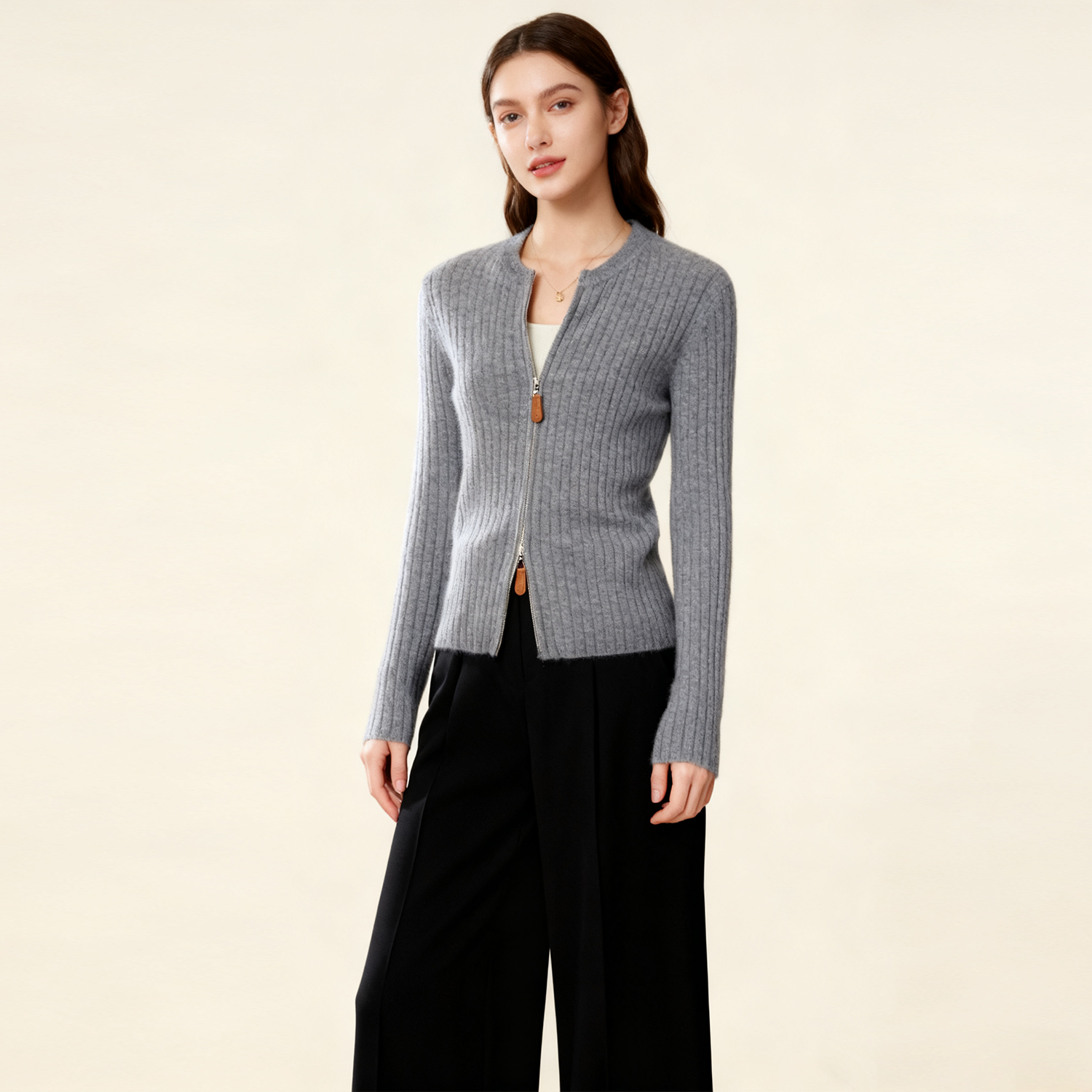 Cashmere Shirt Women's Zipper Knitted Crew Neck Slim Fit REAL SILK LIFE