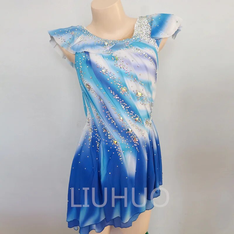 Kids Girls Sleeveless Blue Color Figure Ice Skating Roller Skating Rhinestones Performance Wear Gauze Skati