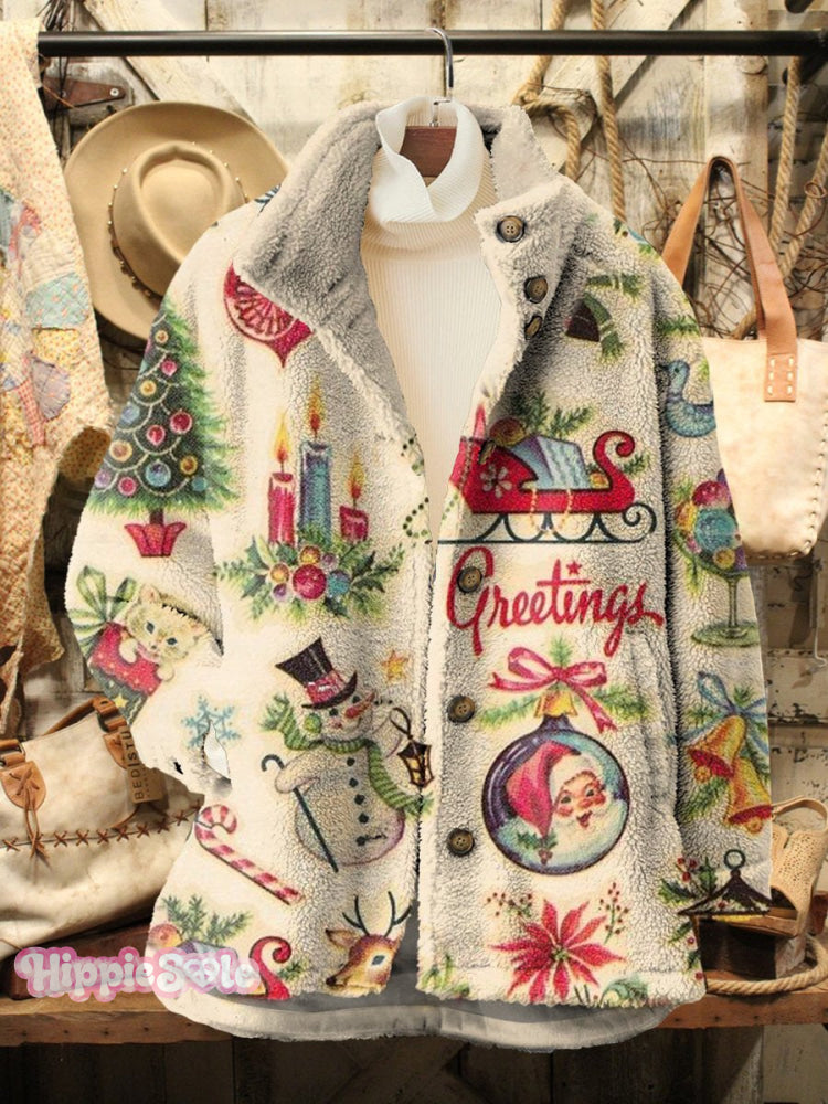 Women&rsquo;s Christmas Retro Pattern Print Casual Sherpa Coat Multicolor / S
