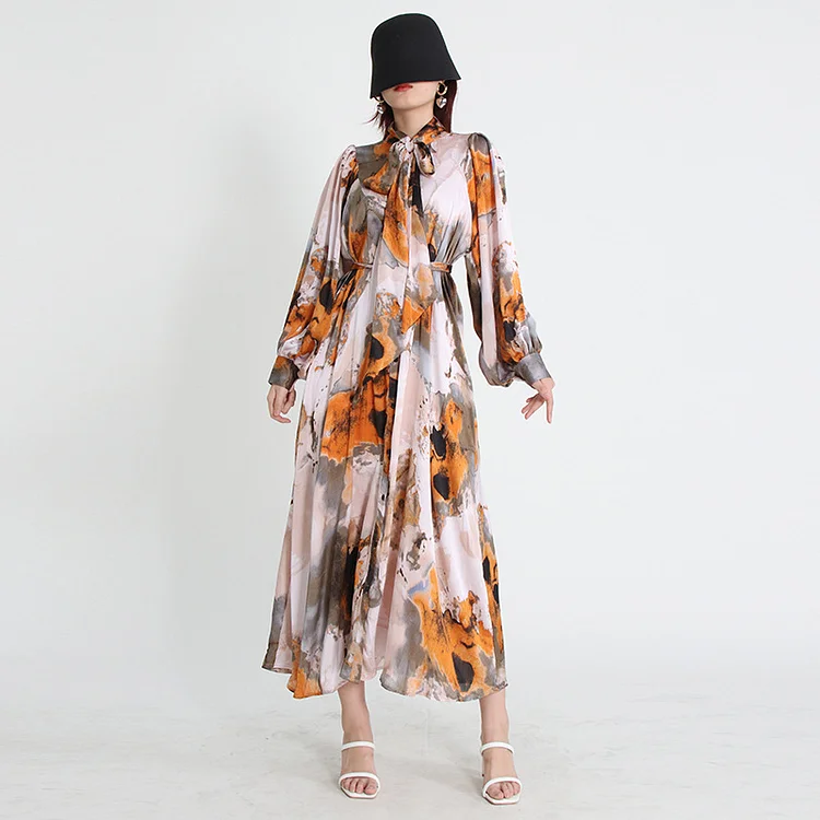 Colorful Dyed Tight Waist Long Sleeve Maxi Dress