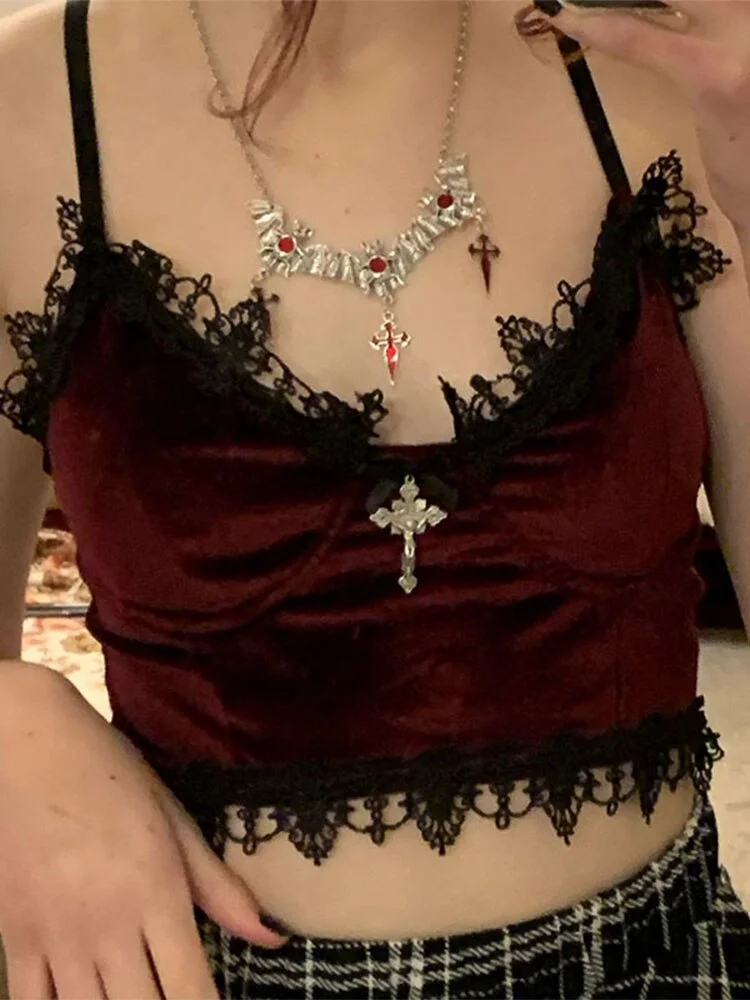 Velvet Mall Goth Crop Tops Black Lace Trim Emo Alternative Aesthetic Crop Tops Women Backless  Strap Tanks