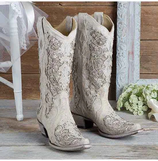 Women's White Glitter Wedding Boots Crystals Cowgirl Boots