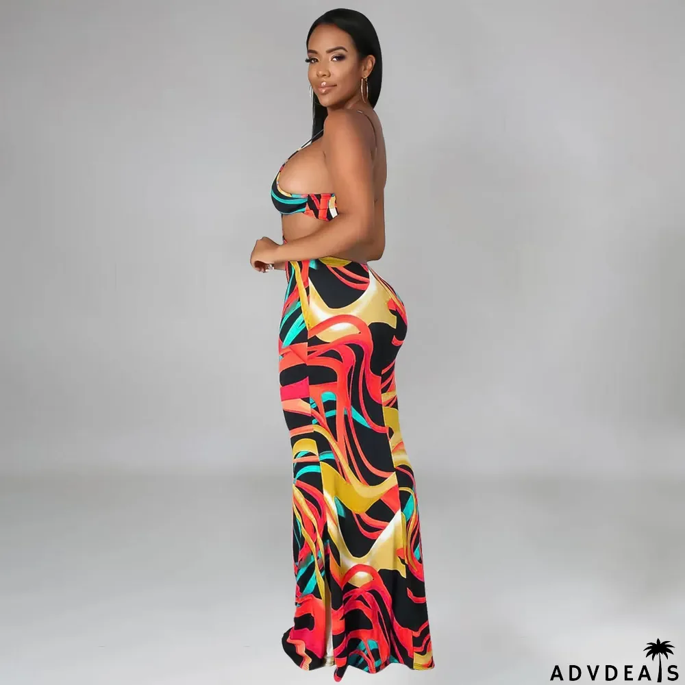 Sexy Print Sleeveless Sling Maxi Dress