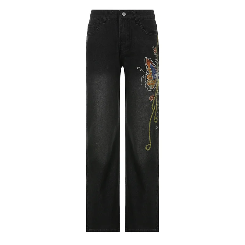 Ueong Street Style 2023 Women's Wear Butterfly Embroidery Retro Design Low-Waisted Jeans