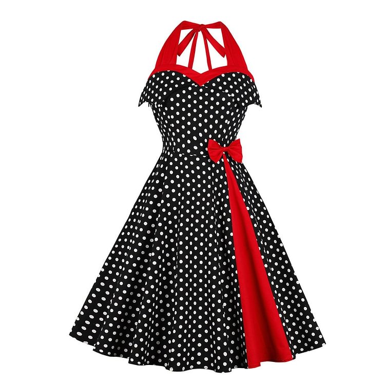 Mayoulove Polka Dot Dress Halter Neck Audrey Hepburn Style Colorblock Swing Dress-Mayoulove