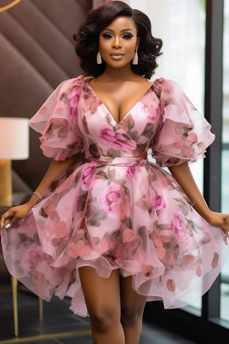 Xpluswear Design Plus Size Cocktail Party Pink Floral Wrap Neck Short Sleeve Irregular Hem Chiffon Mini Dresses [Pre-Order]