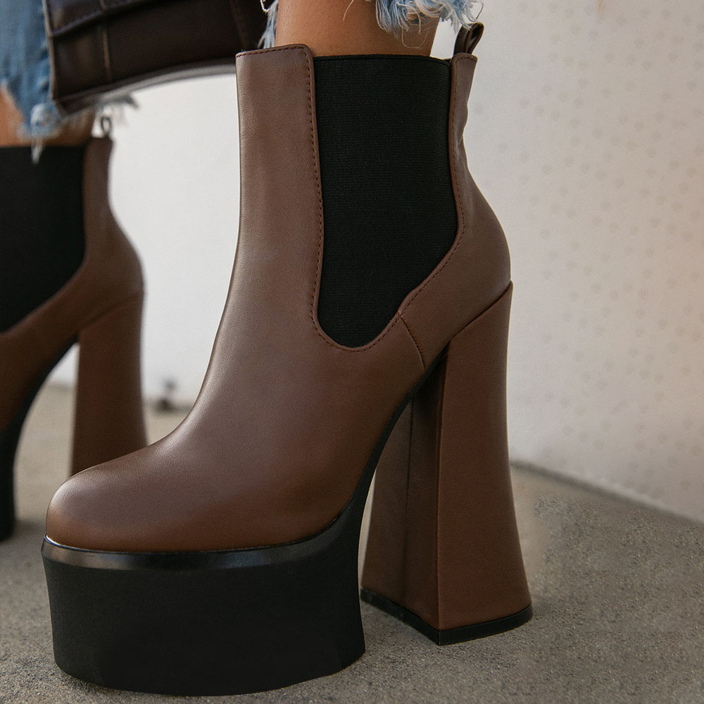 Dark Brown Round Toe Platform Chelsea Ankle Boots with Chunky Heel Nicepairs