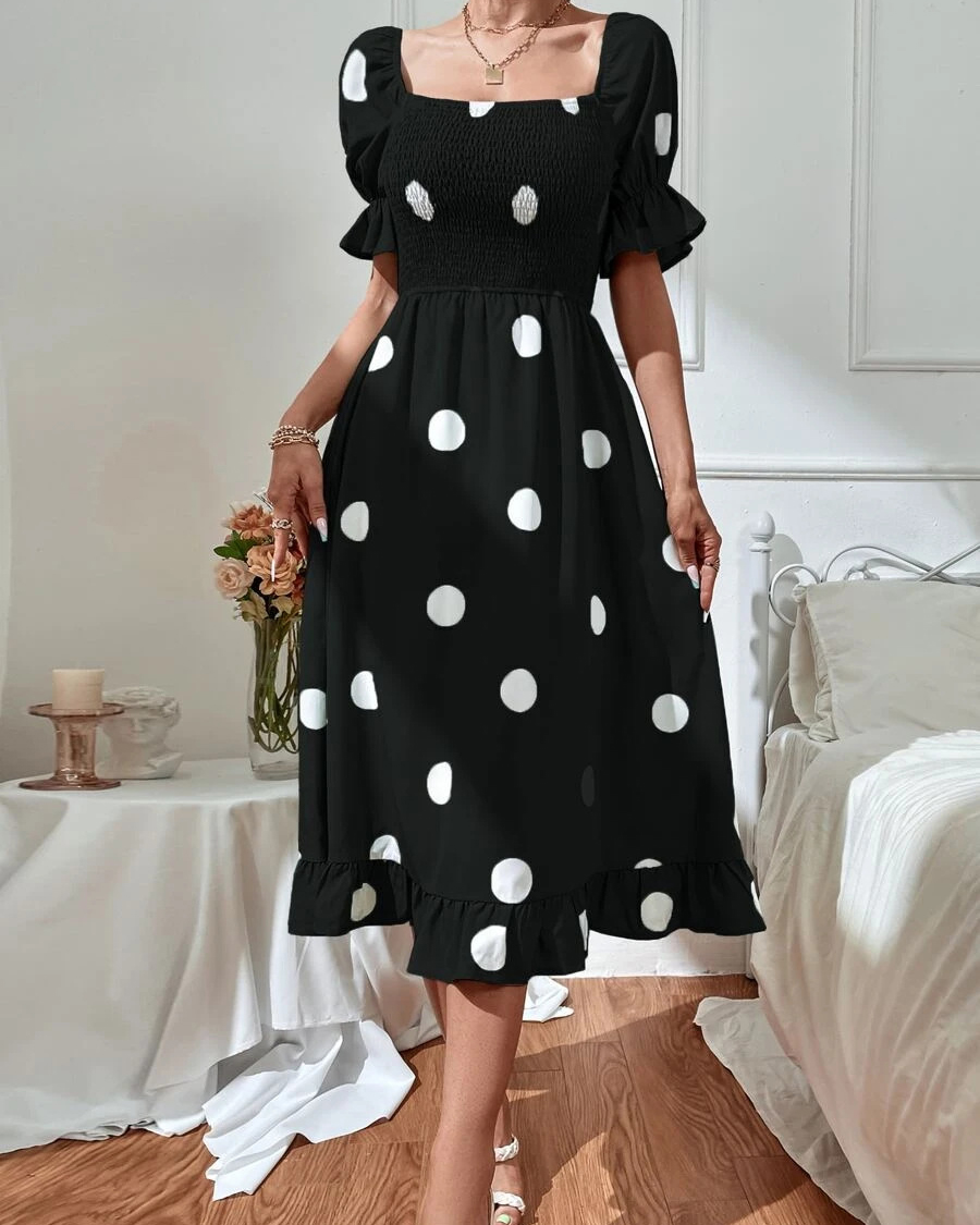 Square Neck Polka Dot Puff Short Sleeve Midi Dress