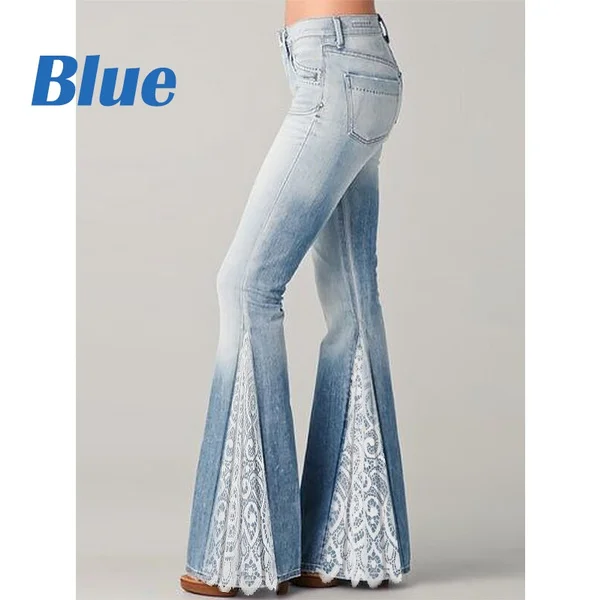 New Fashion Women Chic Lace/Floral Printed High Waist Bell Bottom Pants Elegant Spliced Broad Feet Trousers Casual Loose Gradient Print Long Jeans