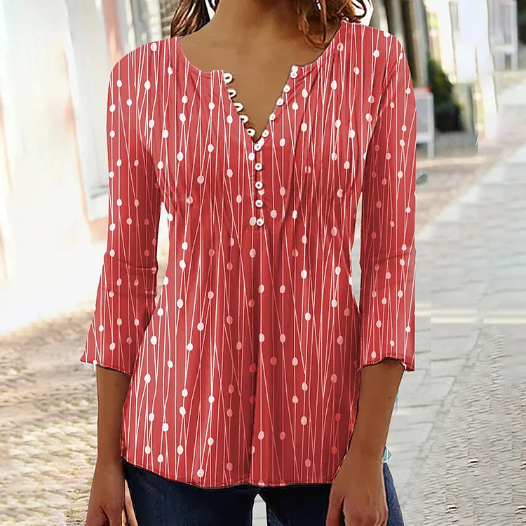 Women's Geometric Polka Dots Stripes Casual V-neck Long Sleeve Shirt