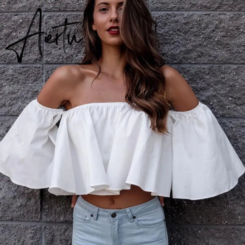 New Stylish Spring Summer Women Ladies Flare sleeve Off Shoulder Solid Tank shirts Crop Tops Cropped Pullovers Blouse Costume Aiertu