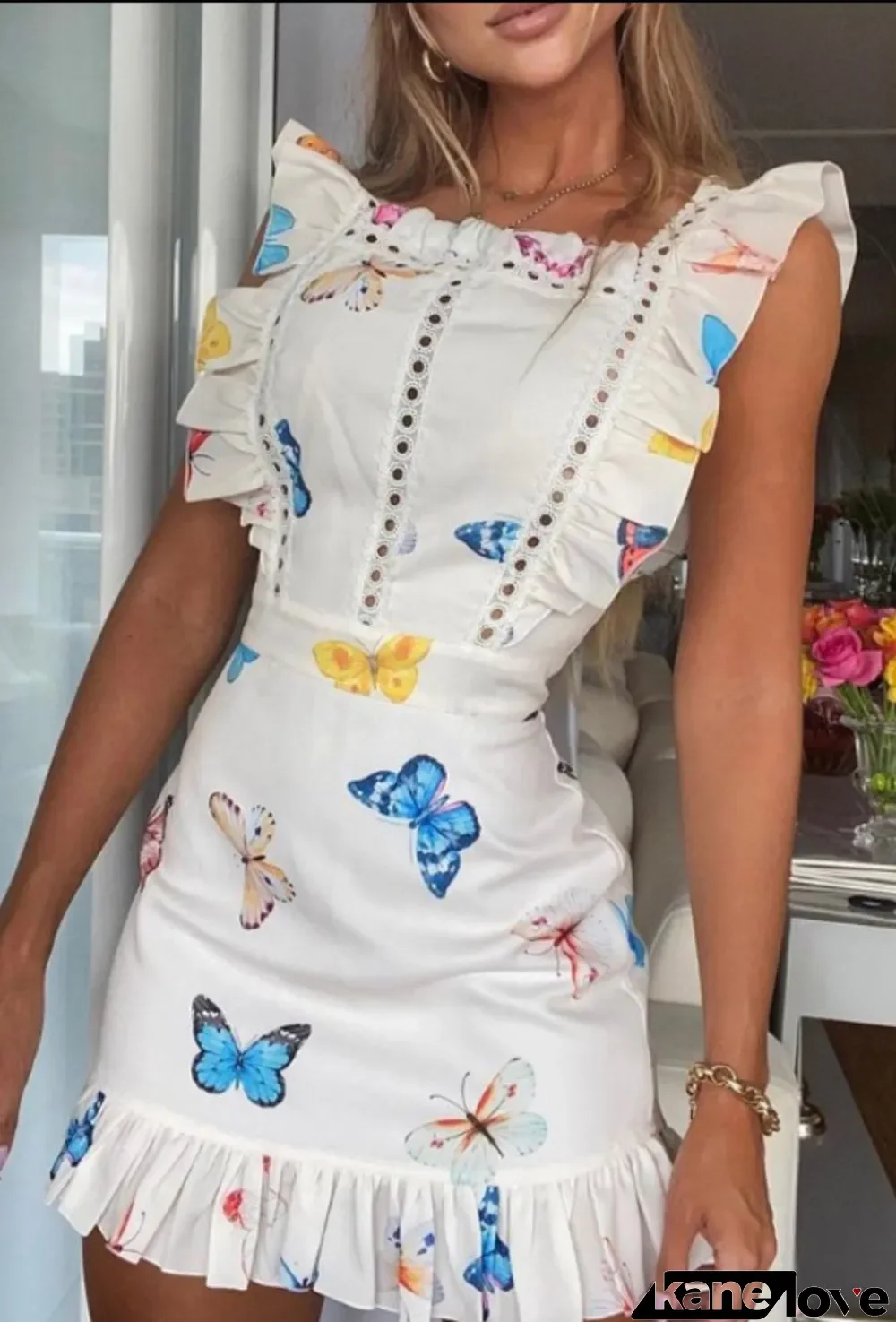 Summer White Hollow Out Butterfly Print Ruffle Mini Dress