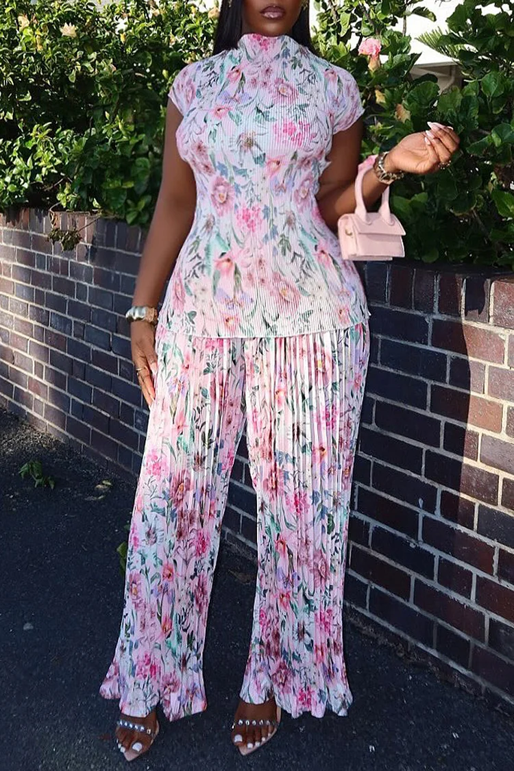 Plus Size Daily Pink Floral Round Neck Short Sleeve Casual Two Piece Pant Sets [Pre-Order] 2024 - Xpluswear