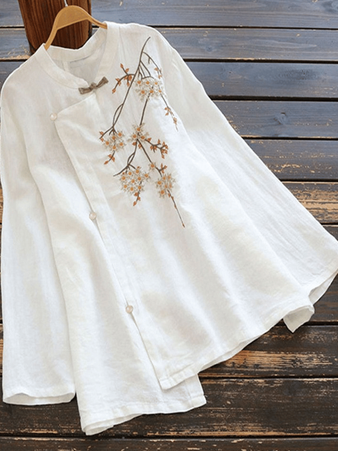 Women's Lightweight Single Breasted Embroidered Cotton Linen Long Sleeve Top