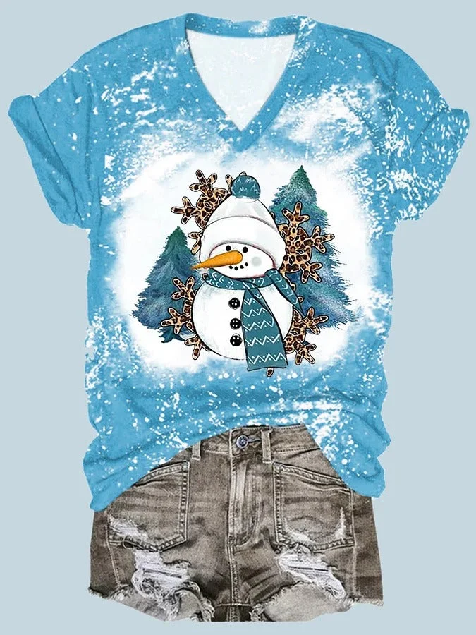 It's The Season Snowman Bleaching V-neck T-shirt