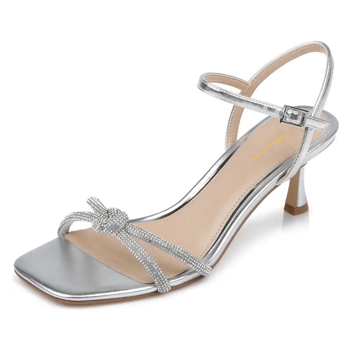 Square Toe Kitten Heel Buckle Silver Sandals with Rhinestone Knot Nicepairs