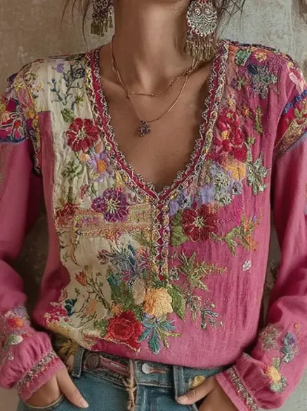 Women Boho Floral Embroidered V Neck Blouse