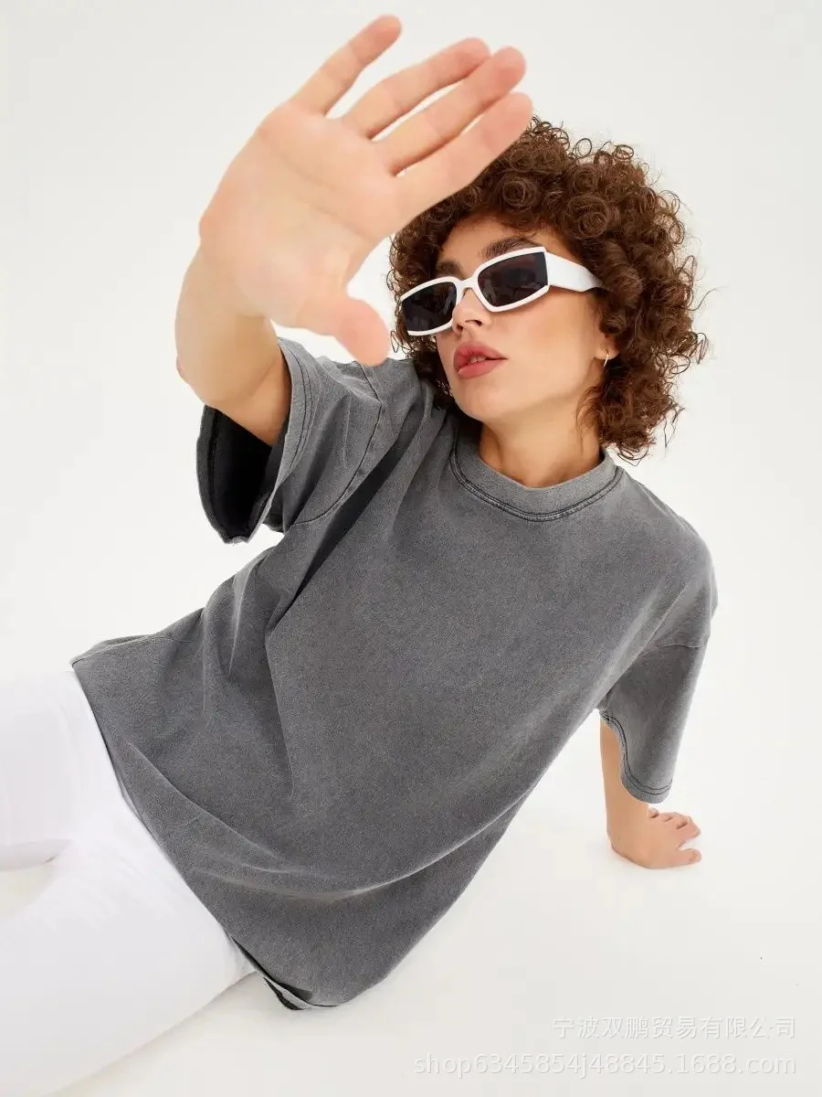 Athvotar Athvotar Spring And Summer New Solid Color T-Shirt Women's Water Wash To Make Old Batik Coat Hot Cotton Short Sleeves