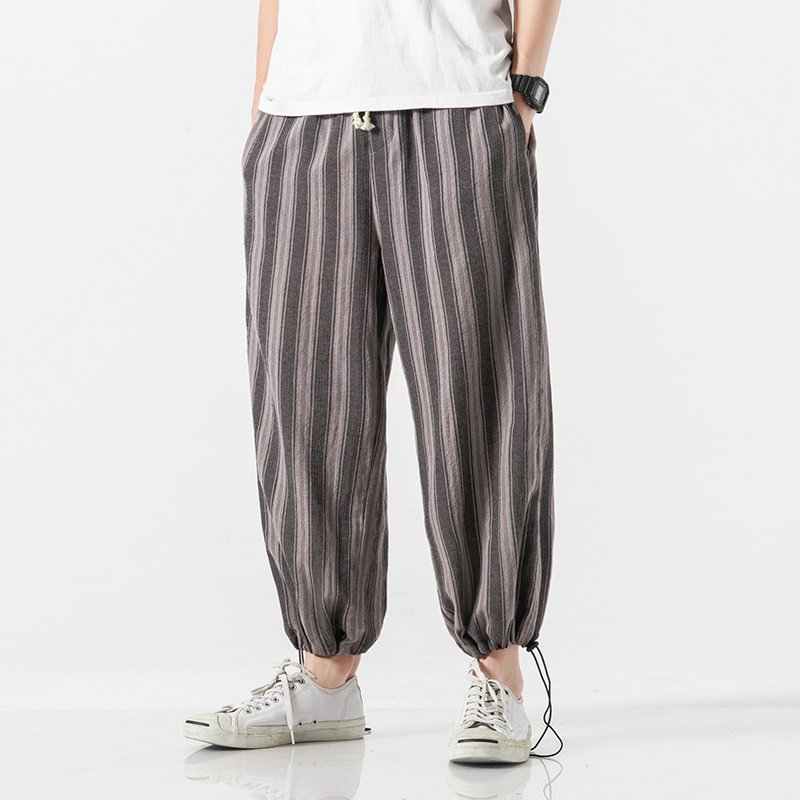 Men's Cotton And Linen Casual Solid Color Stripe Trousers