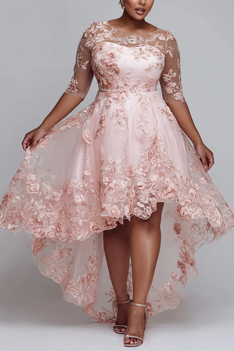 Xpluswear Design Plus Size Semi Formal Pink Round Neck Half Sleeve Asymmetric Hem Elegant See Through Lace Midi Dresses [Pre-Order]