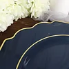 10 Pack | 8" Navy Blue Hard Plastic Dessert Appetizer Plates, Disposable Tableware, Baroque Heavy Duty Salad Plates with Gold Rim