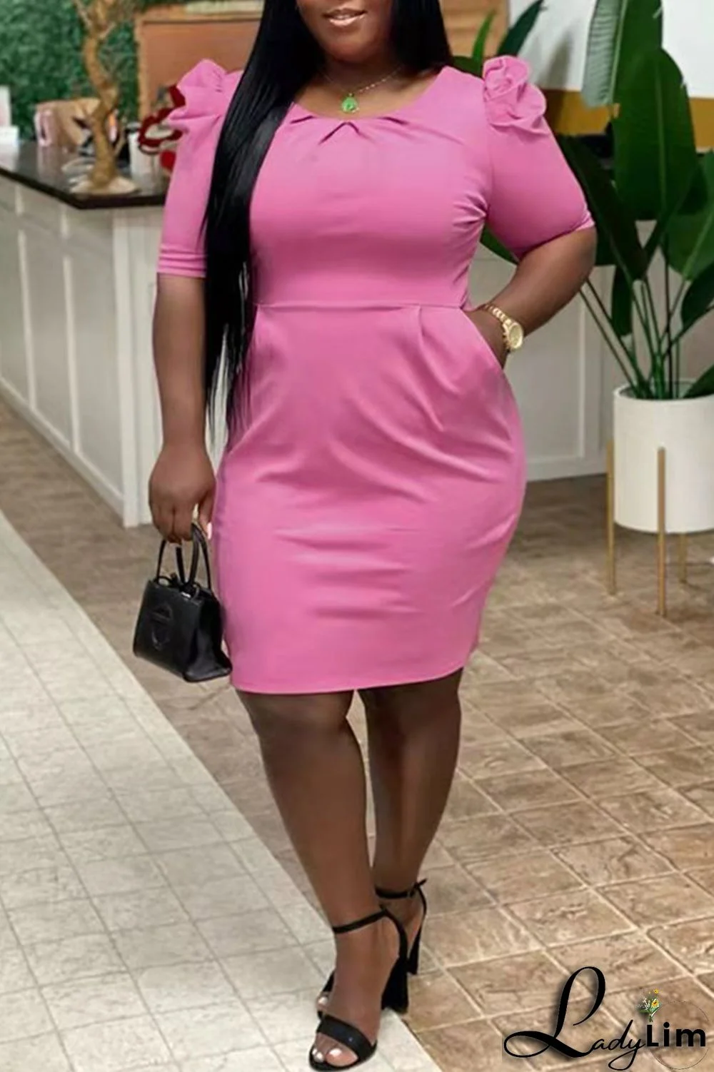 Pink Fashion Casual Plus Size Solid Basic O Neck Short Sleeve Dress (Without Belt)