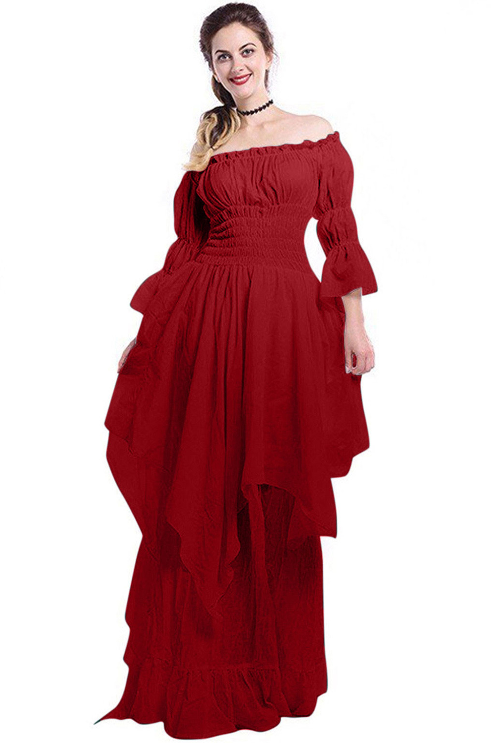 Plus Size Goth Black Off The Shoulder Flare Sleeve Ruffle Asymmetrical Layered Maxi Dress 2024 - Flycurvy 