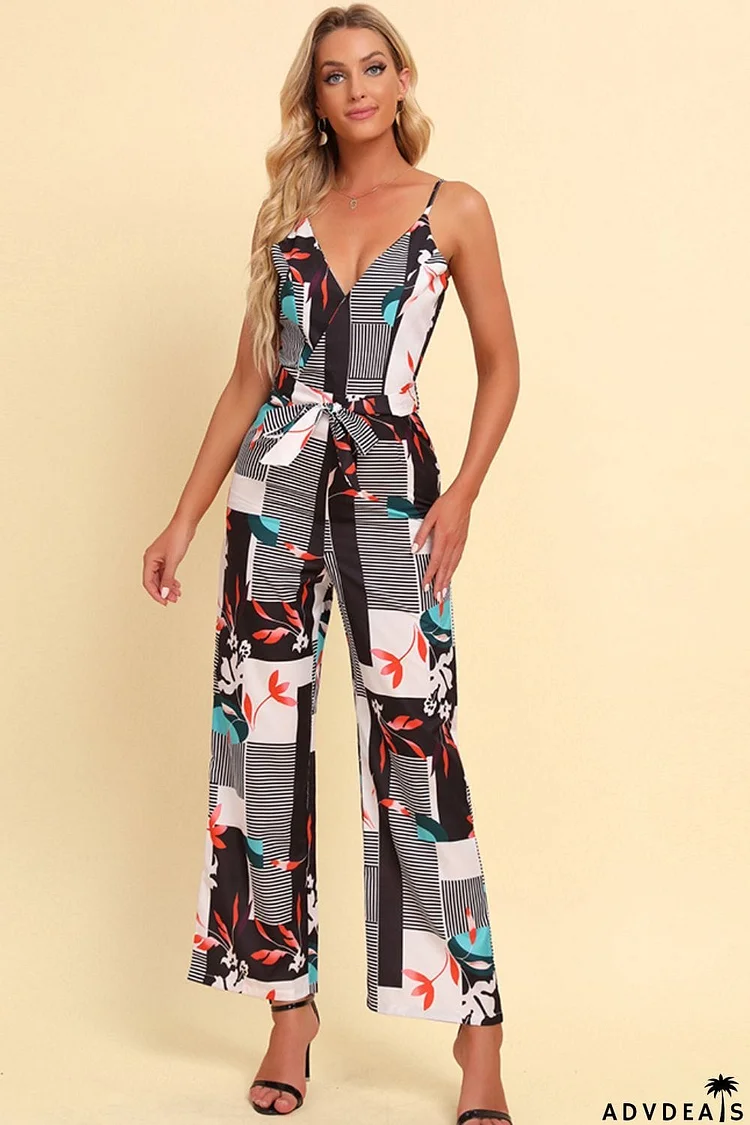 Printed Spaghetti Strap Tied Jumpsuit